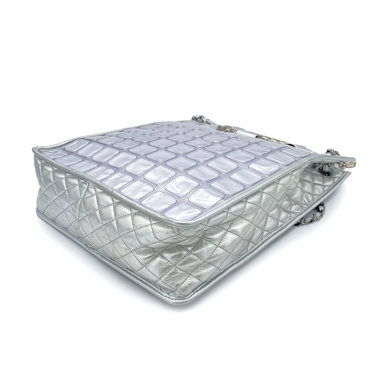 CHANEL VINTAGE ICE CUBE CHAIN HAND SHOULDER BAG SILVER VINYL LEATHER 90252564