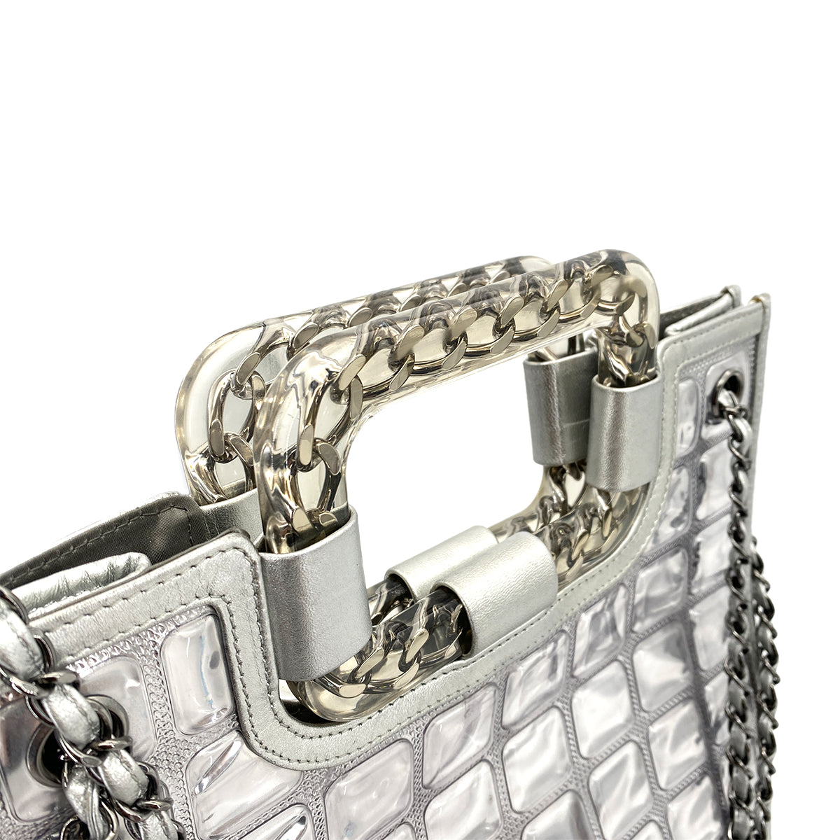 CHANEL VINTAGE ICE CUBE CHAIN HAND SHOULDER BAG SILVER VINYL LEATHER 90252564