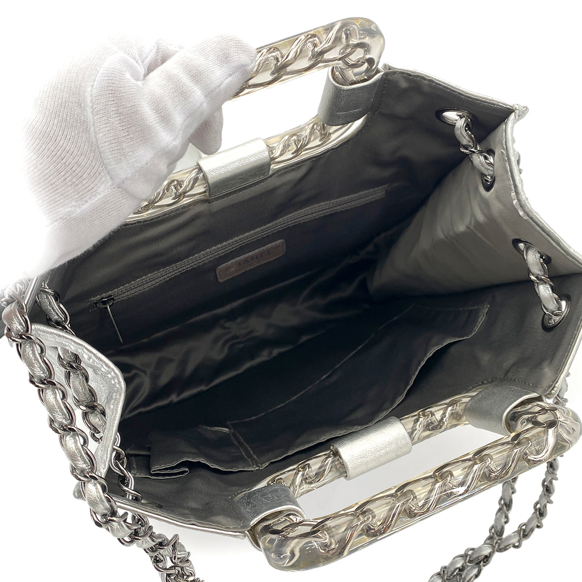 CHANEL VINTAGE ICE CUBE CHAIN HAND SHOULDER BAG SILVER VINYL LEATHER 90252564