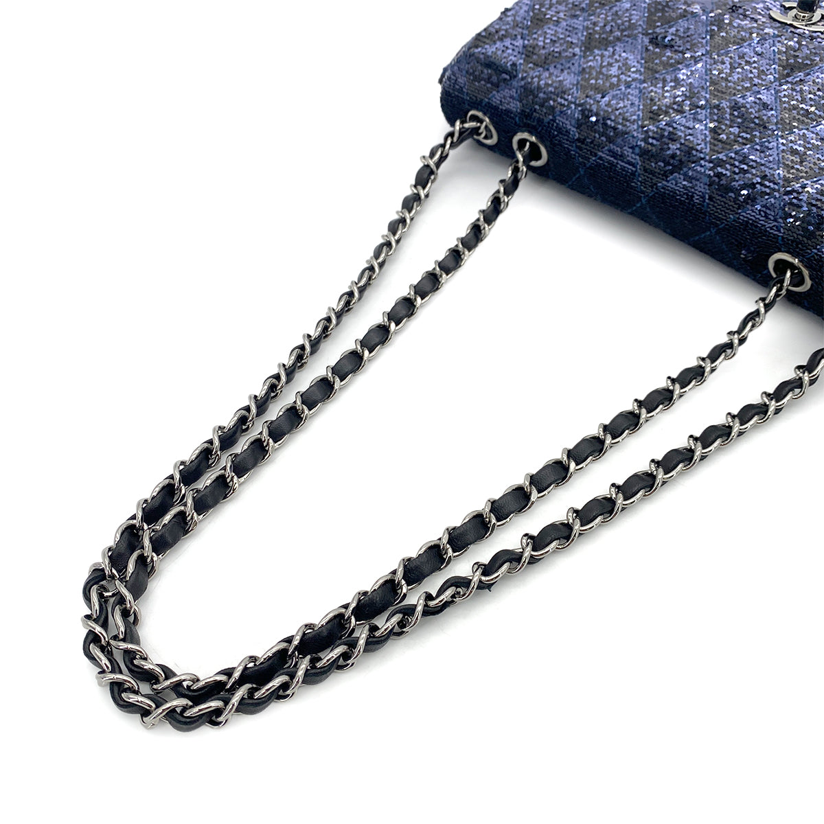 CHANEL CHAIN SHOULDER BAG BLACK NAVY SEQUINS LEATHER 90252966
