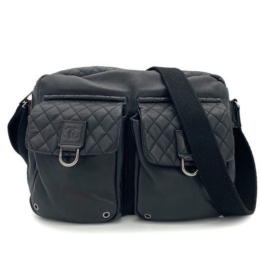 CHANEL VINTAGE SPORTS LINE SHOULDER BAG BLACK LEATHER 90252972