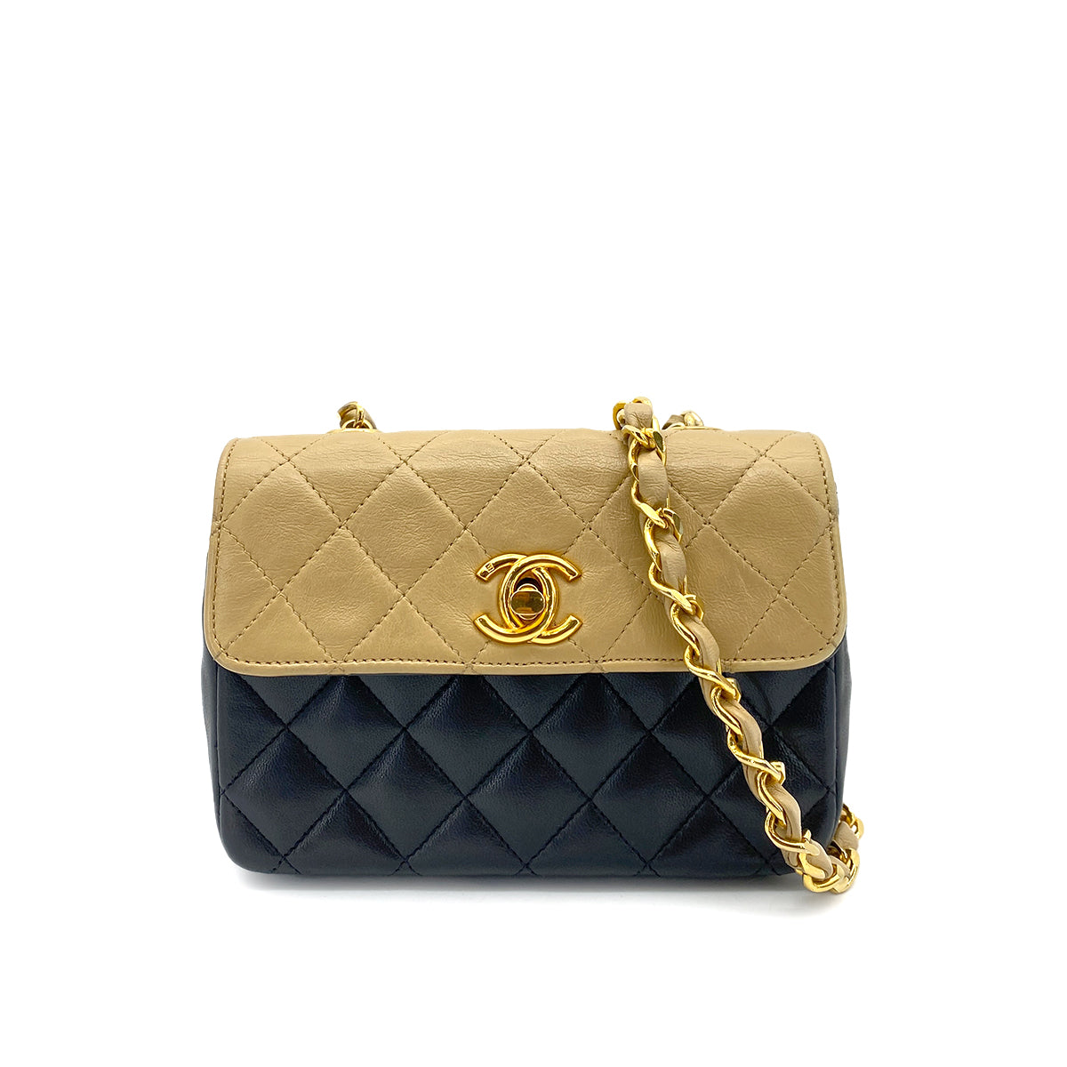 CHANEL VINTAGE MATELASSE MINI CHAIN SHOULDER BAG BYCOLOR BEIGE BLACK LAMB SKIN 90252978