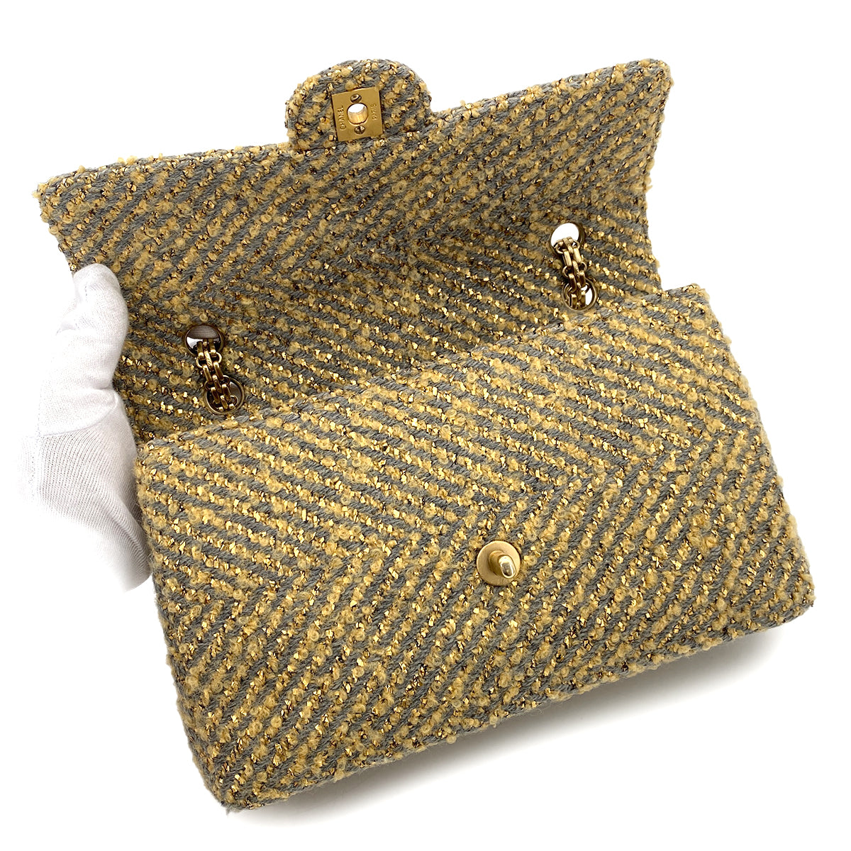 CHANEL VINTAGE CLASSIC FLAP MEDIUM CHAIN SHOULDER BAG BEIGE GRAY TWEED 90252982