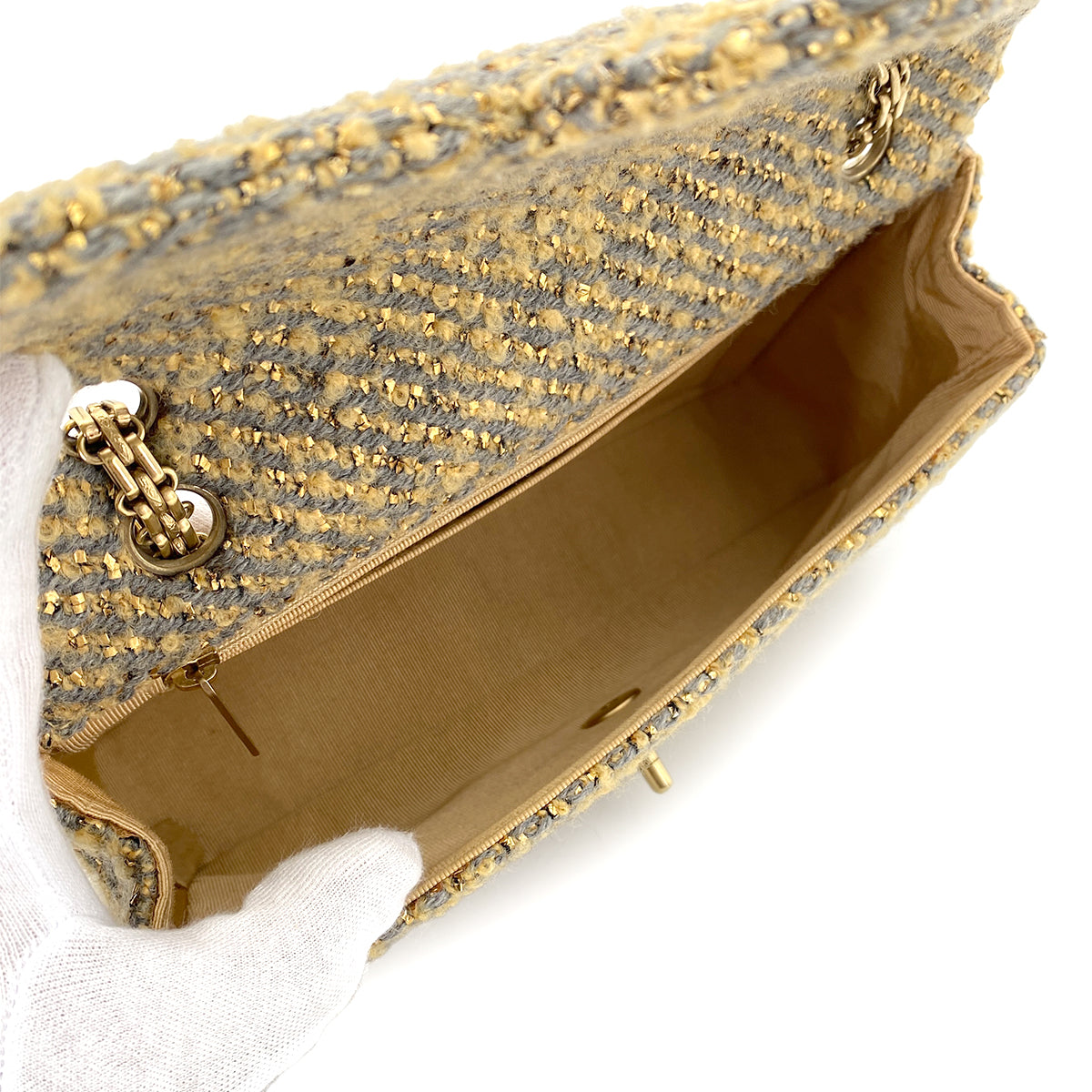 CHANEL VINTAGE CLASSIC FLAP MEDIUM CHAIN SHOULDER BAG BEIGE GRAY TWEED 90252982