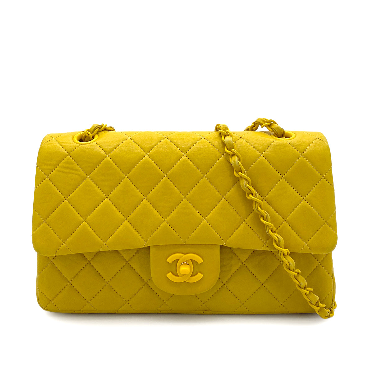 CHANEL VINTAGE CLASSIC FLAP MEDIUM CHAIN SHOULDER BAG YELLOW LAMB SKIN 90252985