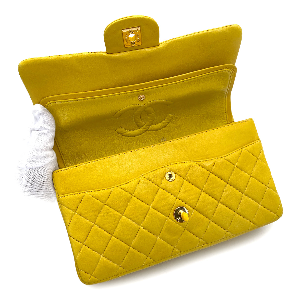 CHANEL VINTAGE CLASSIC FLAP MEDIUM CHAIN SHOULDER BAG YELLOW LAMB SKIN 90252985