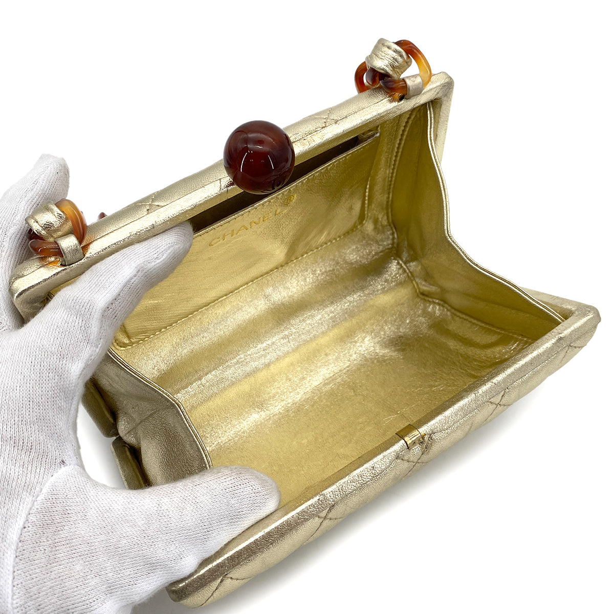 CHANEL VINTAGE TORTOISESHELL MOTIF CHAIN HAND BAG LAMB SKIN GOLD 90253392