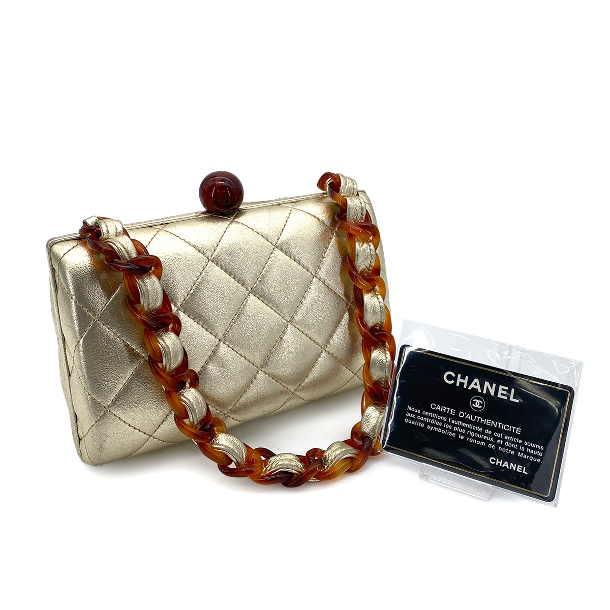 CHANEL VINTAGE TORTOISESHELL MOTIF CHAIN HAND BAG LAMB SKIN GOLD 90253392