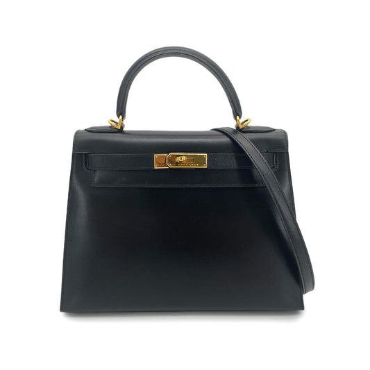 HERMES KELLY 28 SELLIER BLACK BOXCALF HAND SHOULDER BAG □D GHW 90253626