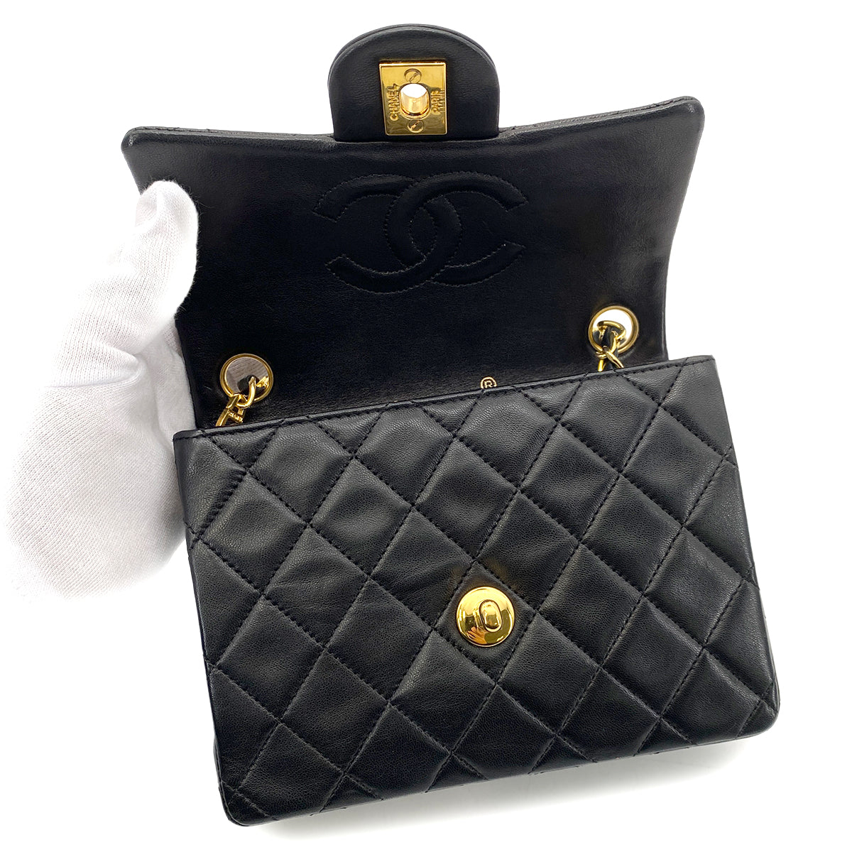CHANEL VINTAGE MINI SQUARE 17 CHAIN SHOULDER BAG BLACK LAMB SKIN 90253639