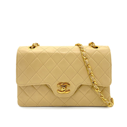 CHANEL VINTAGE MATELASSE CHAIN SHOULDER BAG BEIGE LAMB SKIN 90253640