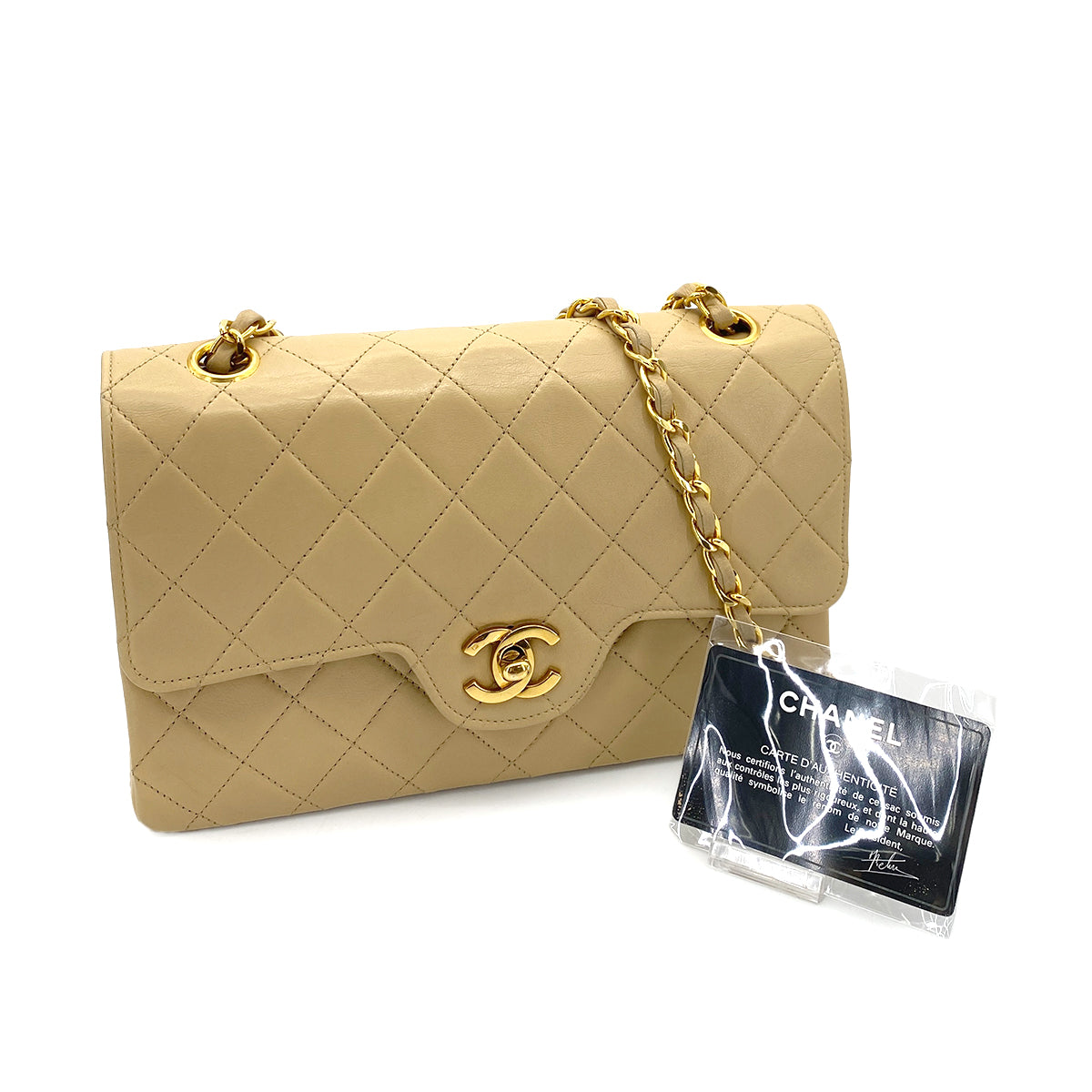 CHANEL VINTAGE MATELASSE CHAIN SHOULDER BAG BEIGE LAMB SKIN 90253640