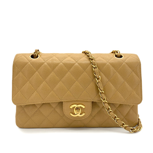CHANEL VINTAGE CLASSIC FLAP MEDIUM CHAIN SHOULDER BAG BEIGE CAVIAR SKIN 90253882
