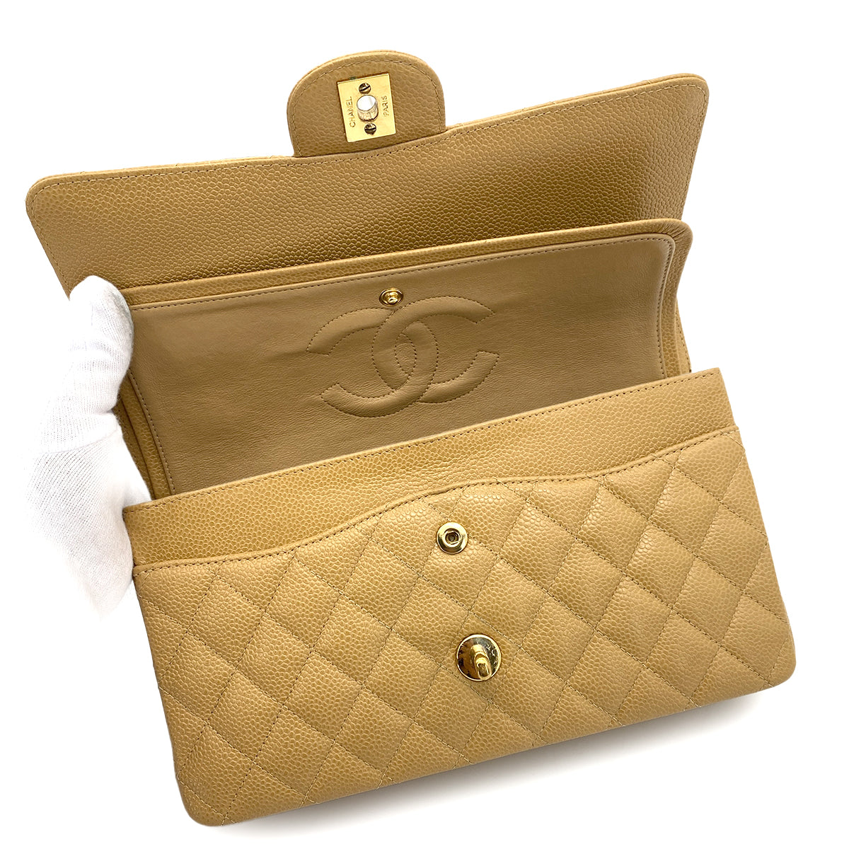 CHANEL VINTAGE CLASSIC FLAP MEDIUM CHAIN SHOULDER BAG BEIGE CAVIAR SKIN 90253882