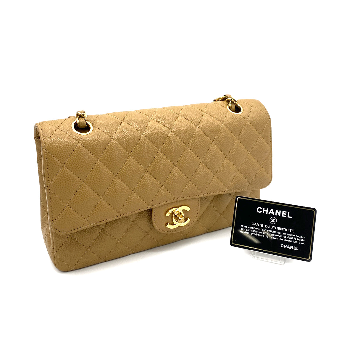 CHANEL VINTAGE CLASSIC FLAP MEDIUM CHAIN SHOULDER BAG BEIGE CAVIAR SKIN 90253882