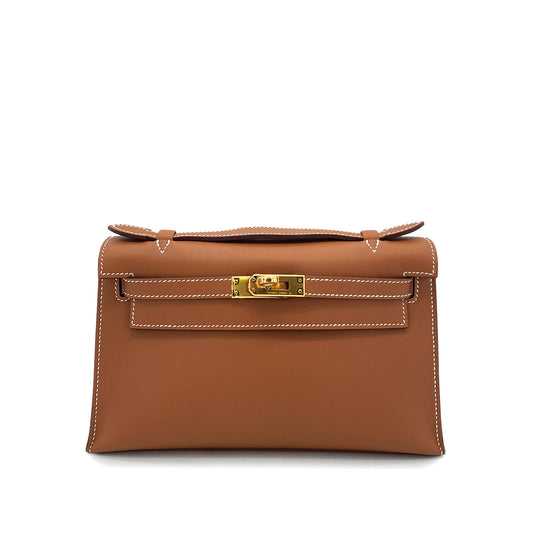 HERMES POCHETTE KELLY SELLIER GOLD SWIFT HAND BAG B GHW 90254603