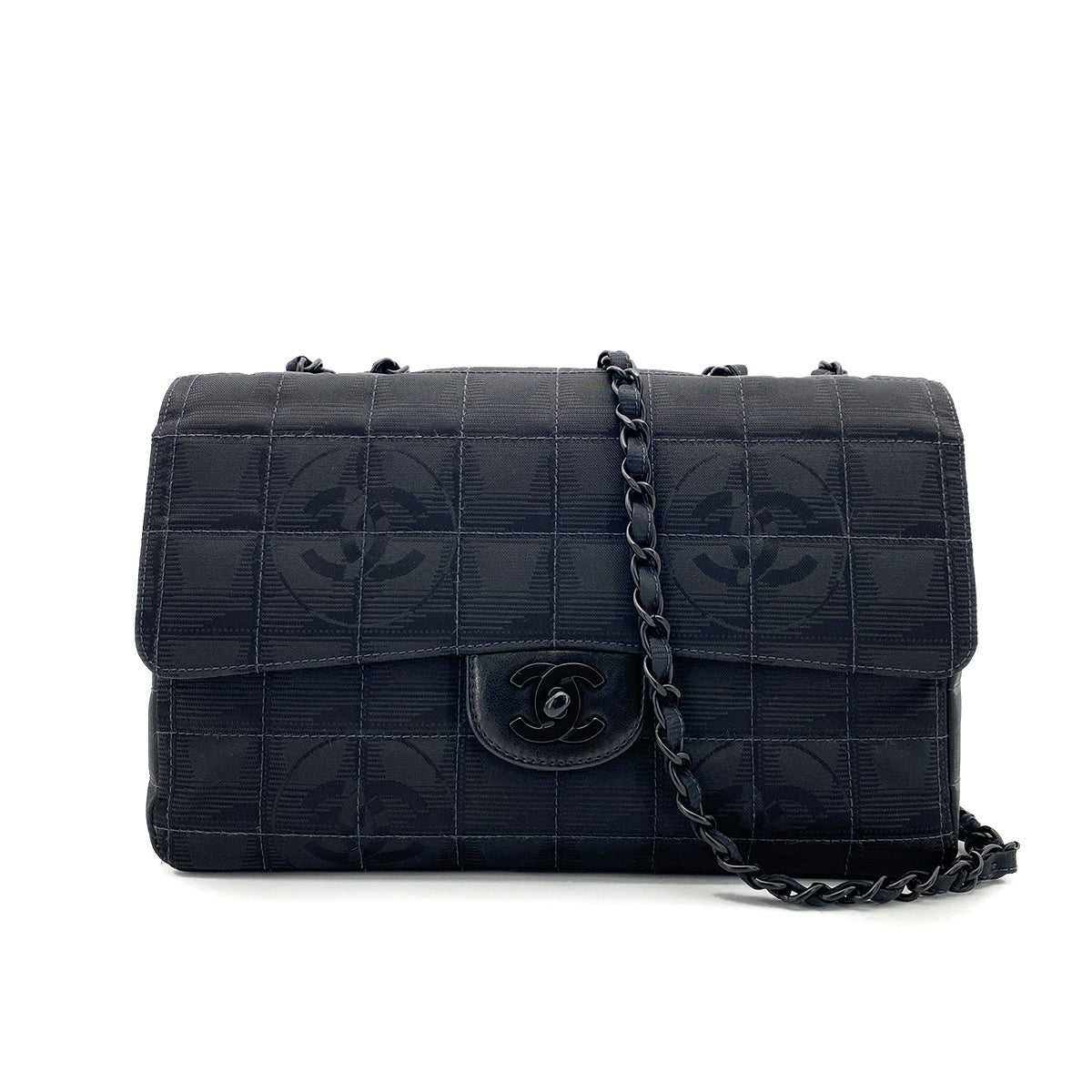 CHANEL VINTAGE NEW TRAVEL LINE CHAIN SHOULDER BAG BLACK CANVAS 90254615