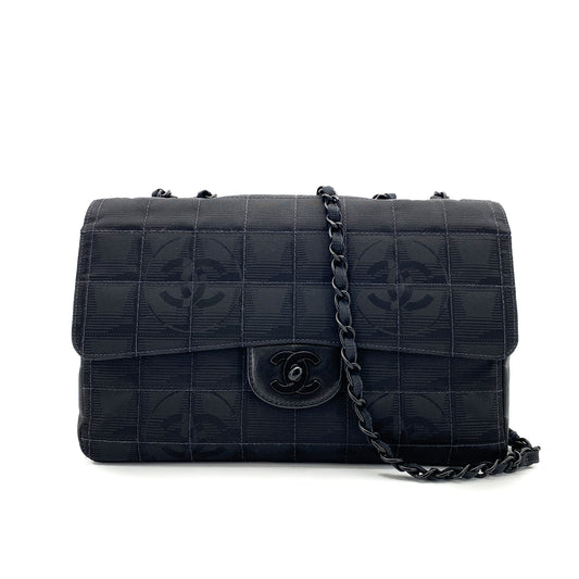 CHANEL VINTAGE NEW TRAVEL LINE CHAIN SHOULDER BAG BLACK CANVAS 90254615