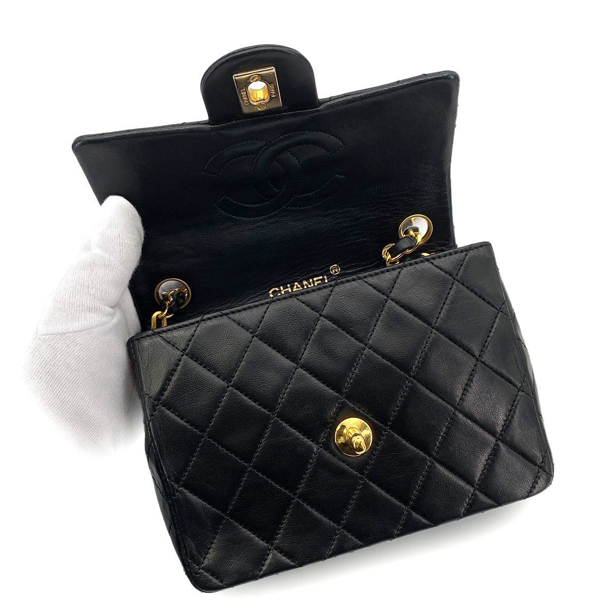 CHANEL VINTAGE MINI SQUARE 17 CHAIN SHOULDER BAG BLACK LAMB SKIN 90254624