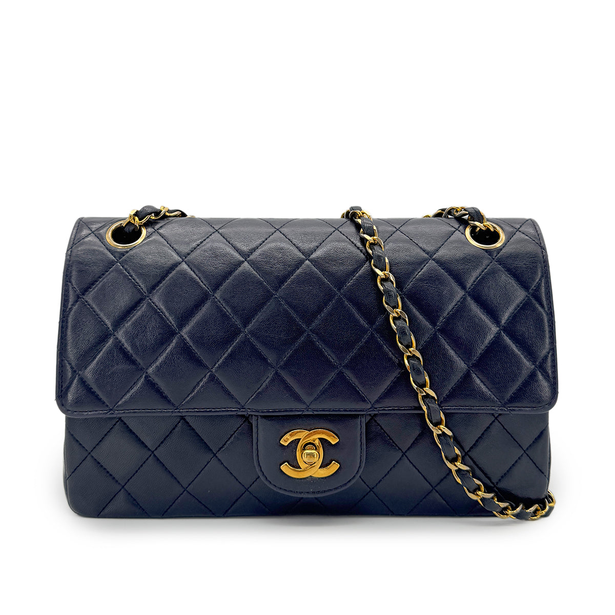 CHANEL VINTAGE MATELASSE CHAIN SHOULDER BAG NAVY LAMB SKIN 90254698