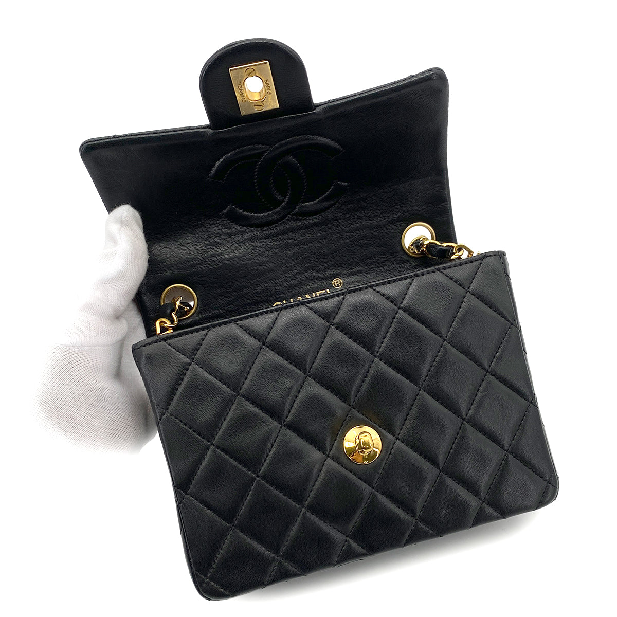 CHANEL VINTAGE MINI SQUARE 17 CHAIN SHOULDER BAG BLACK LAMB SKIN 90255075