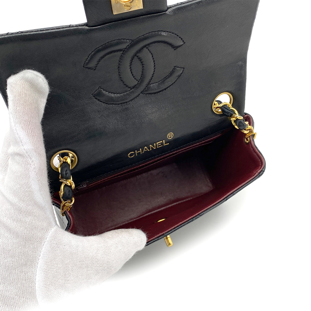 CHANEL VINTAGE MINI SQUARE 17 CHAIN SHOULDER BAG BLACK LAMB SKIN 90255075