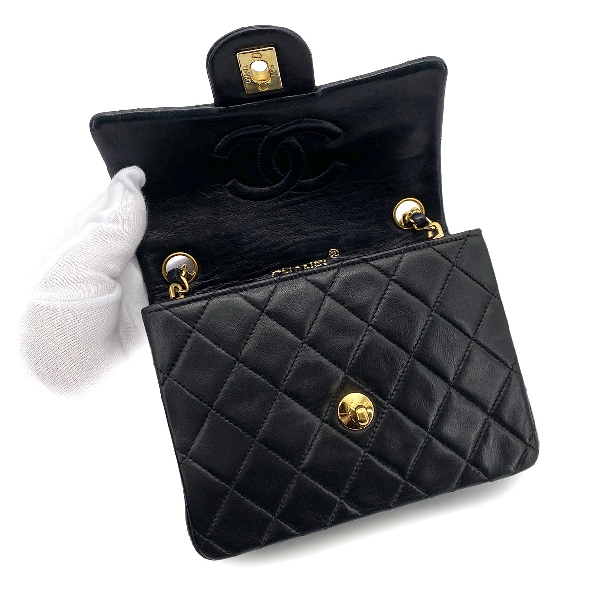 CHANEL VINTAGE MINI SQUARE 17 CHAIN SHOULDER BAG BLACK LAMB SKIN 90255092