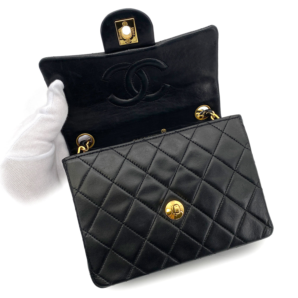 CHANEL VINTAGE MINI SQUARE 17 CHAIN SHOULDER BAG BLACK LAMB SKIN 90255106