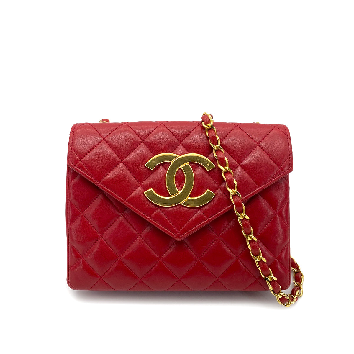 CHANEL VINTAGE MATELASSE BIG COCO CHAIN SHOULDER BAG RED LAMB SKIN 90255140