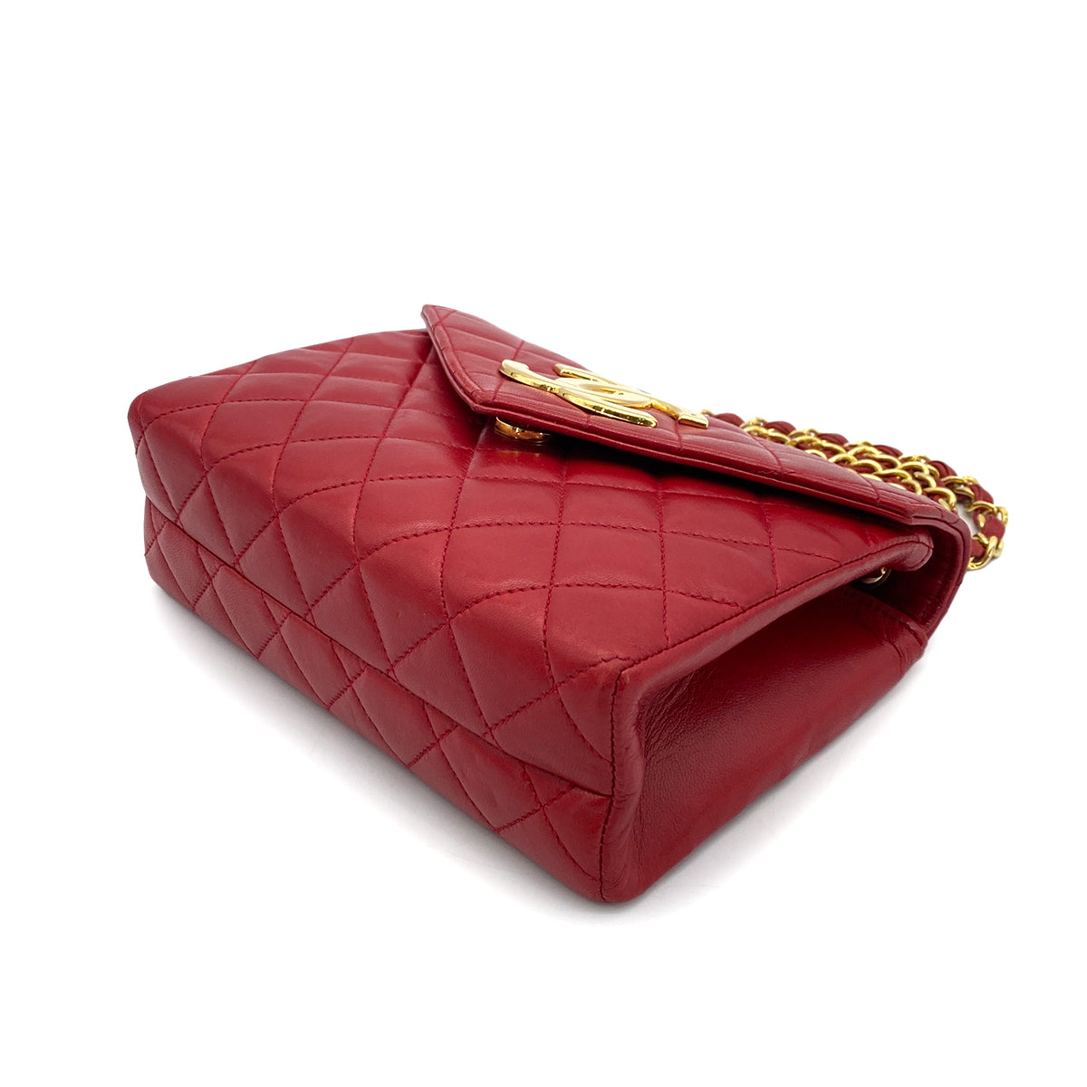 CHANEL VINTAGE MATELASSE BIG COCO CHAIN SHOULDER BAG RED LAMB SKIN 90255140