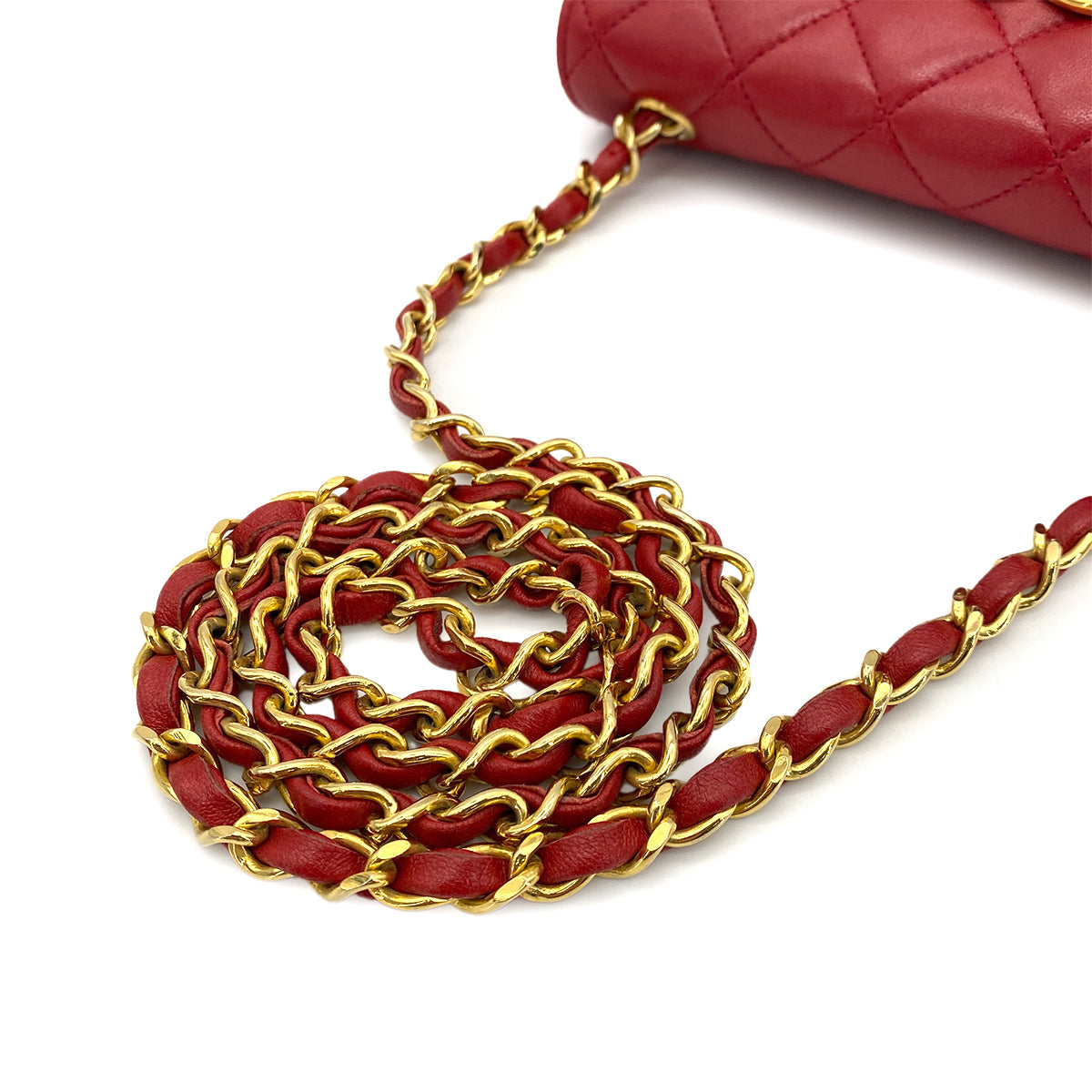 CHANEL VINTAGE MATELASSE BIG COCO CHAIN SHOULDER BAG RED LAMB SKIN 90255140