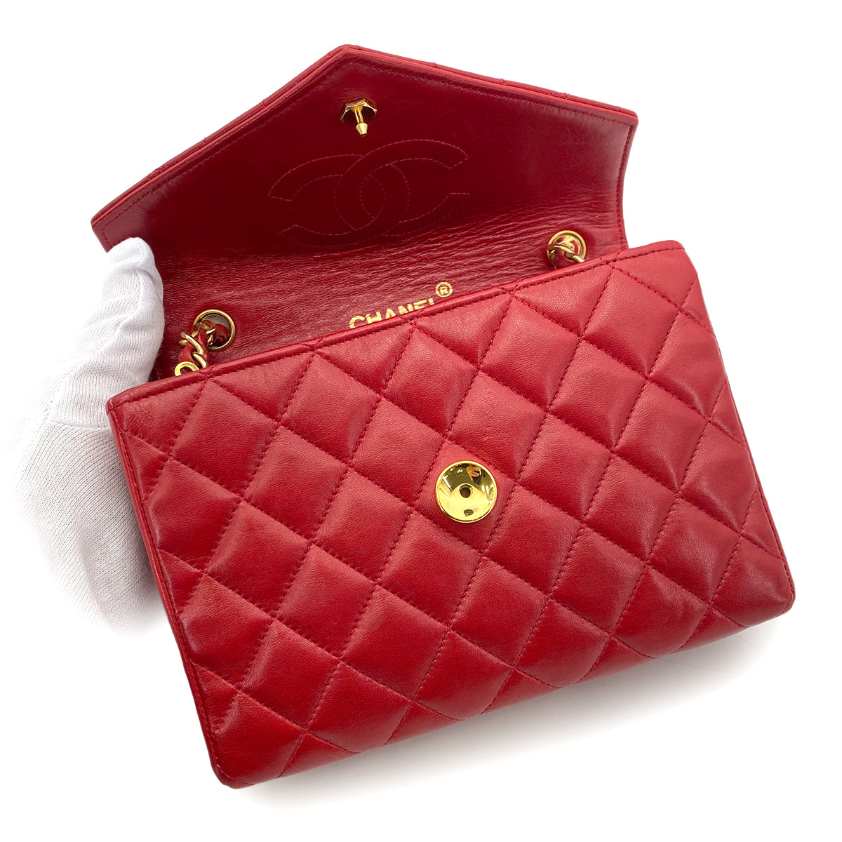 CHANEL VINTAGE MATELASSE BIG COCO CHAIN SHOULDER BAG RED LAMB SKIN 90255140