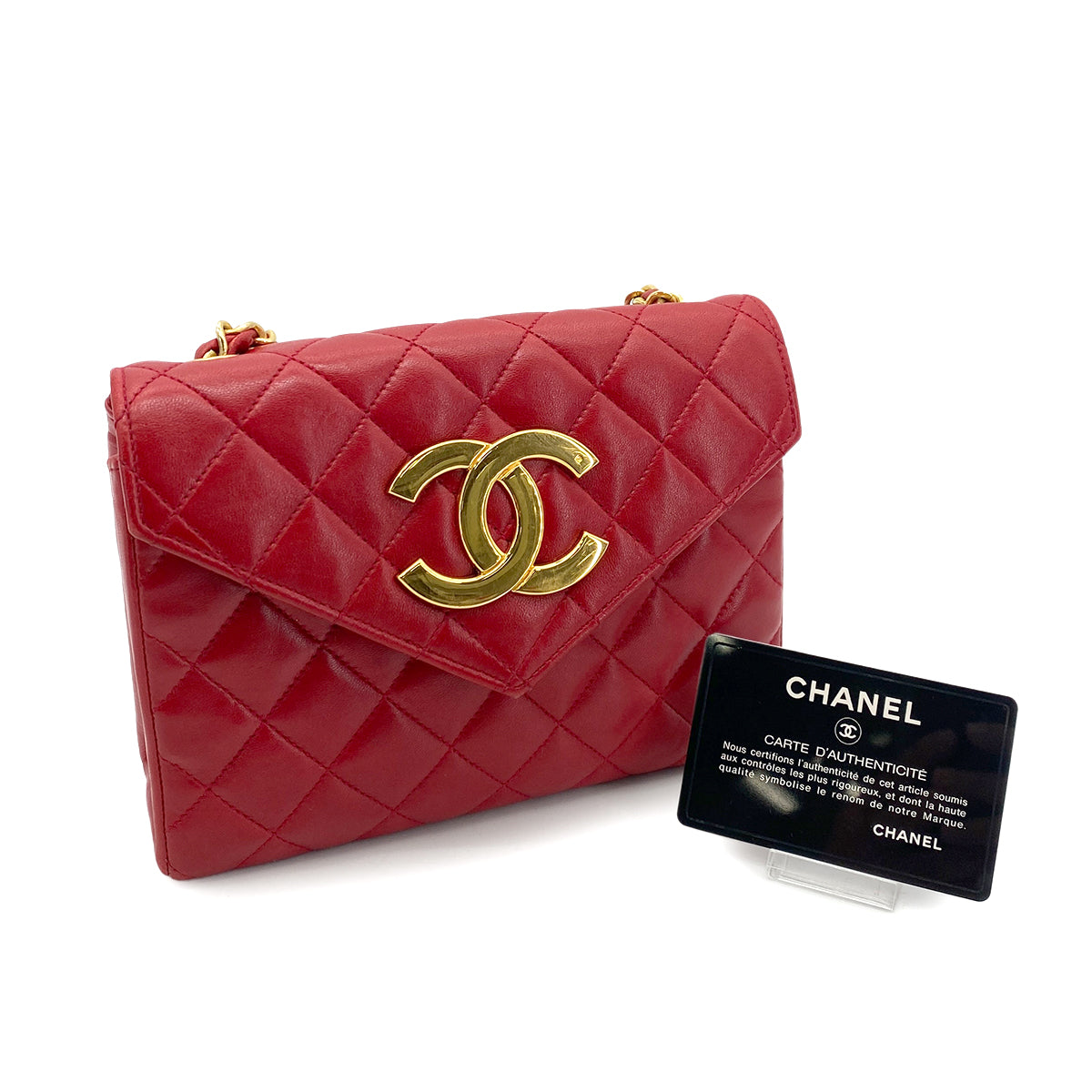 CHANEL VINTAGE MATELASSE BIG COCO CHAIN SHOULDER BAG RED LAMB SKIN 90255140