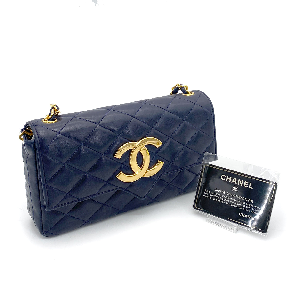 CHANEL VINTAGE BIG COCO MATELASSE CHAIN SHOULDER BAG NAVY LAMB SKIN 90255381
