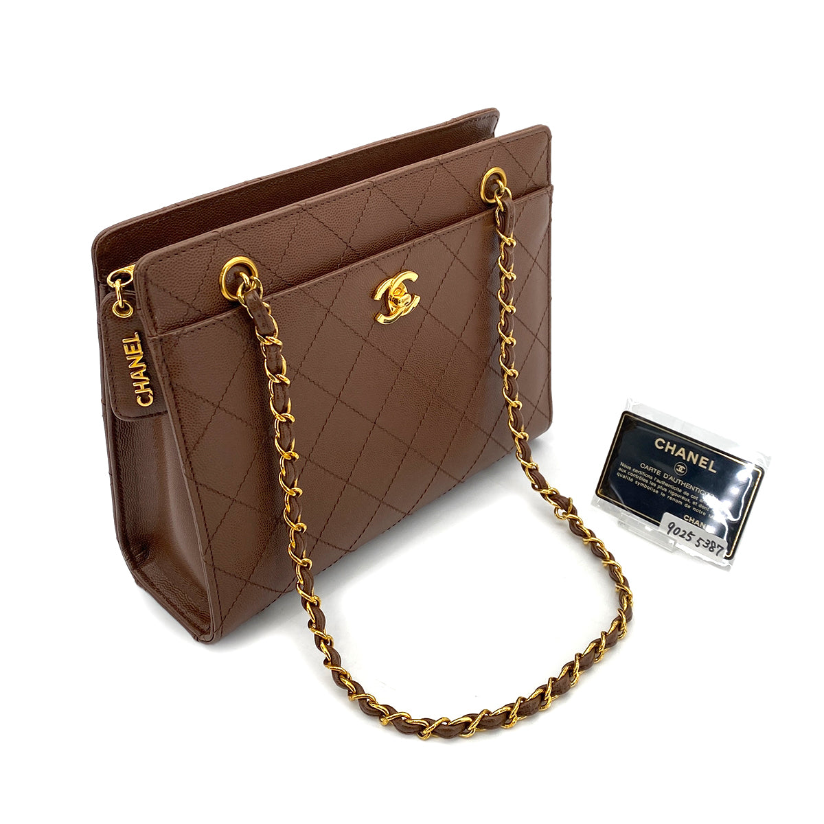 CHANEL VINTAGE CHAIN TOTE BAG BROWN CAVIAR SKIN 90255387