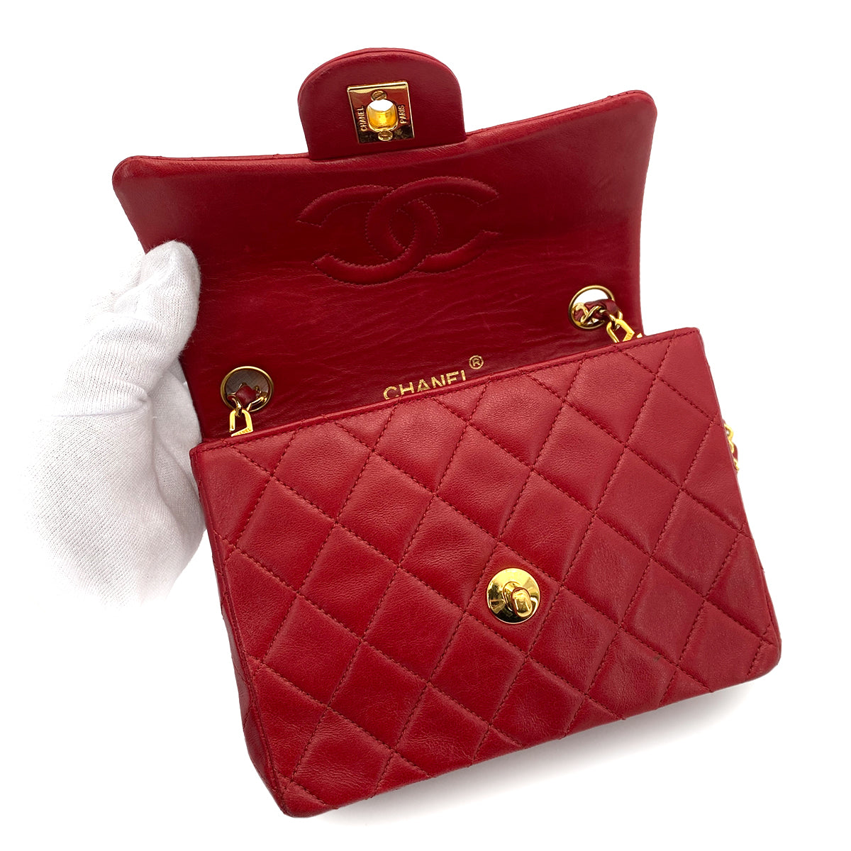 CHANEL VINTAGE MINI SQUARE 17 CHAIN SHOULDER BAG RED LAMB SKIN 90255390