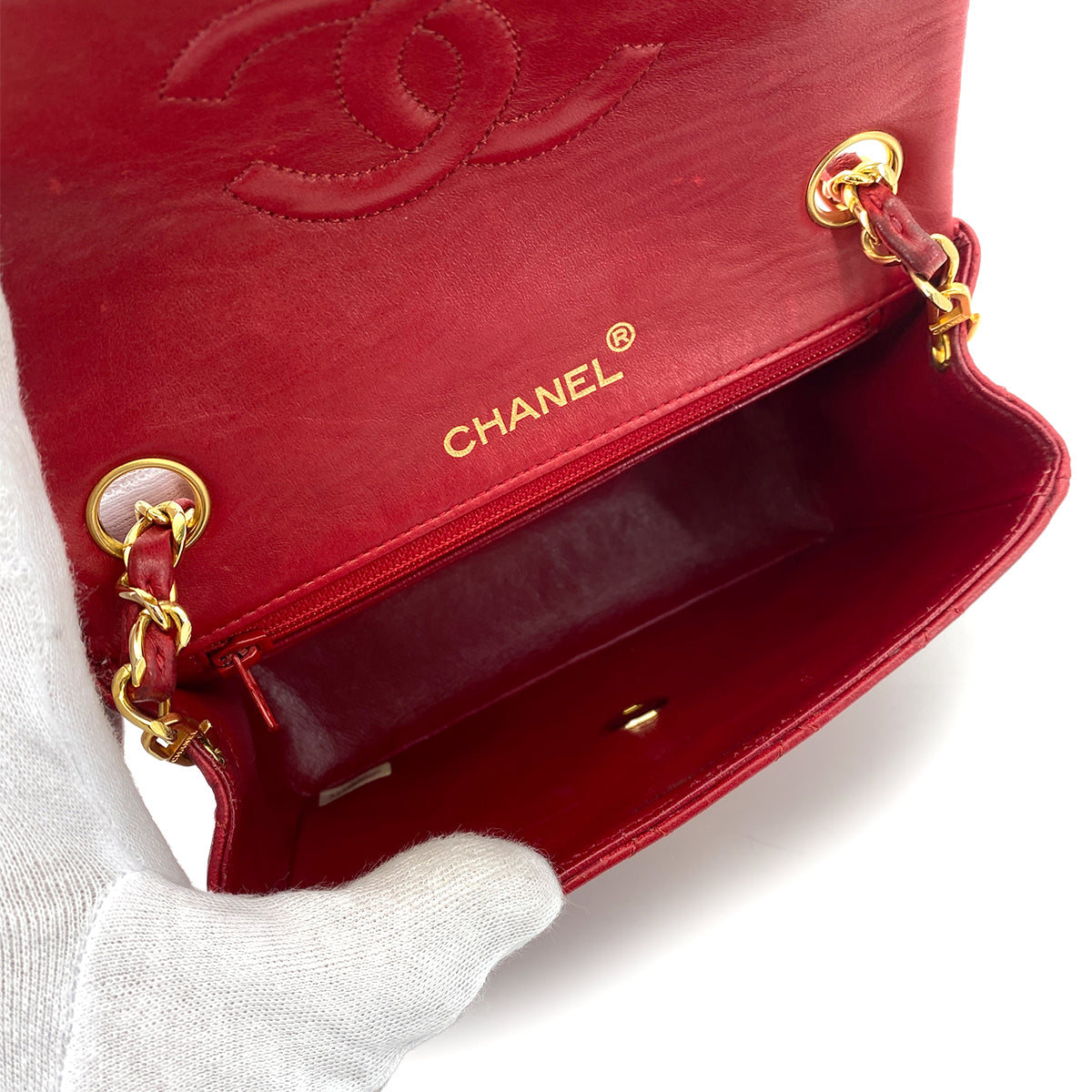 CHANEL VINTAGE MINI SQUARE 17 CHAIN SHOULDER BAG RED LAMB SKIN 90255390