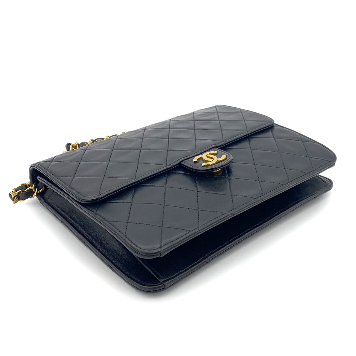 CHANEL VINTAGE MATELASSE PUSH LOCK CHAIN SHOULDER BAG BLACK LAMB SKIN 90255397