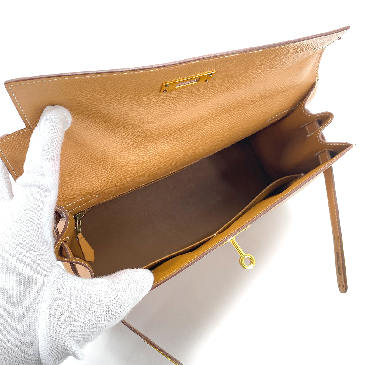 HERMES KELLY 28 SELLIER NATURAL COUCHEVEL HAND SHOULDER BAG 〇V GHW 90255675