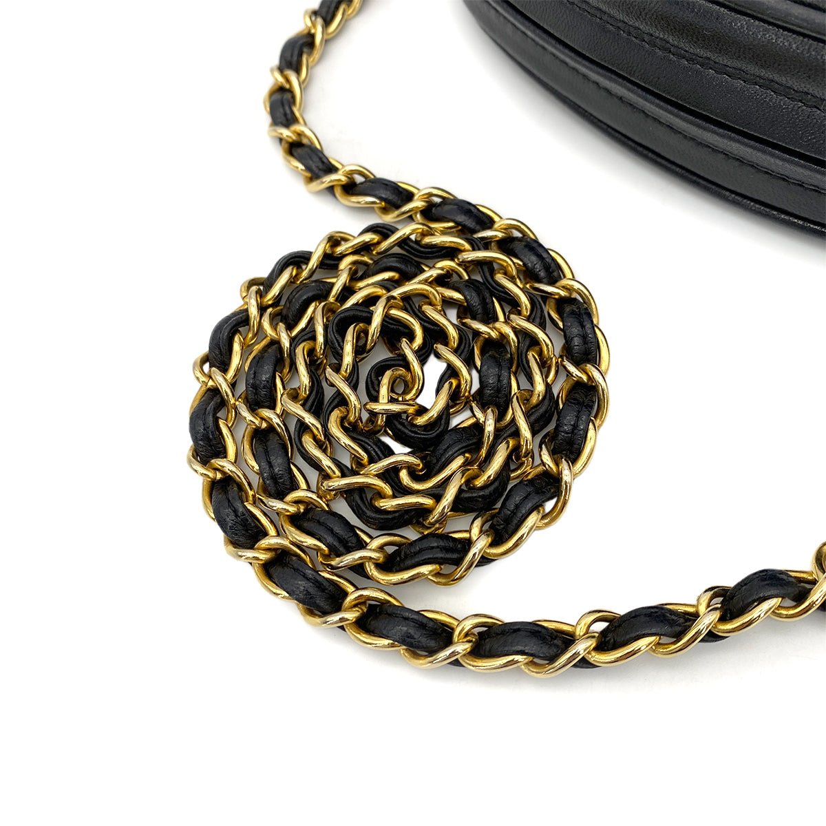 CHANEL VINTAGE FRINGE BIG COCO ROUND CHAIN SHOULDER BAG BLACK LAMB SKIN 90255680