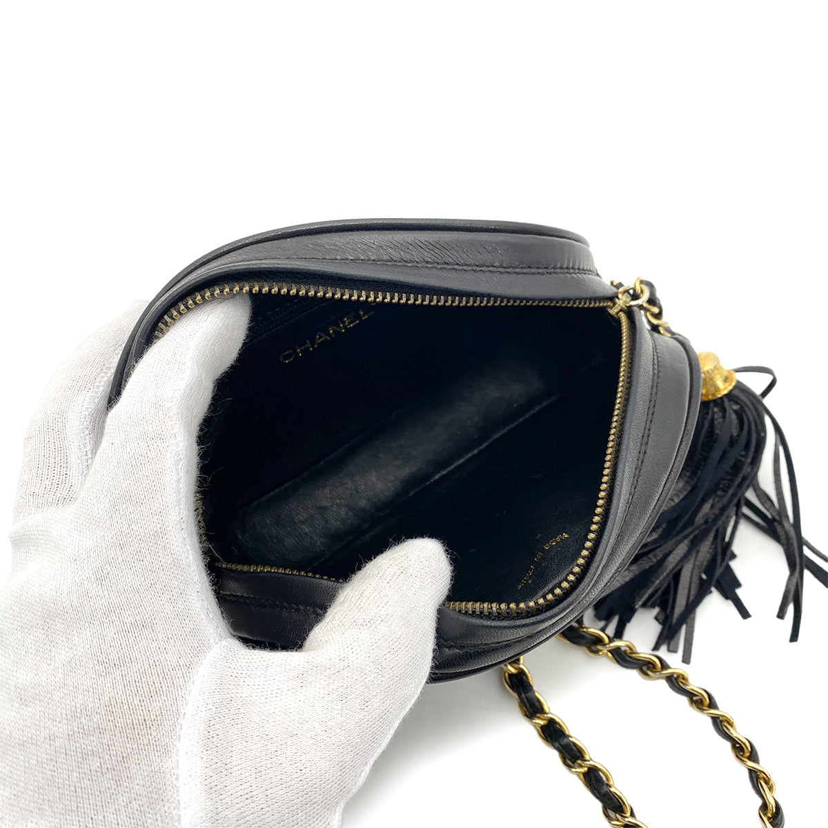 CHANEL VINTAGE FRINGE BIG COCO ROUND CHAIN SHOULDER BAG BLACK LAMB SKIN 90255680