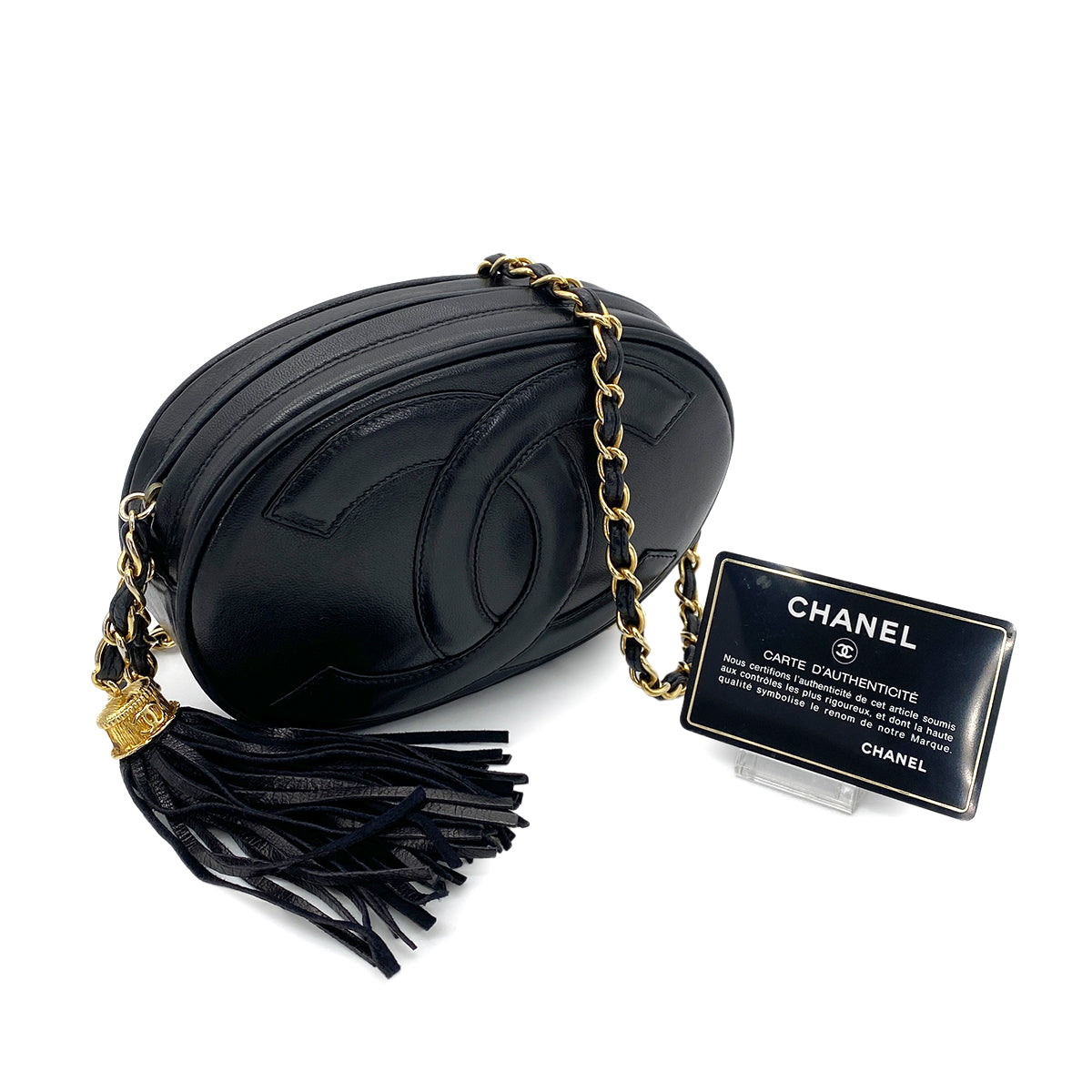 CHANEL VINTAGE FRINGE BIG COCO ROUND CHAIN SHOULDER BAG BLACK LAMB SKIN 90255680