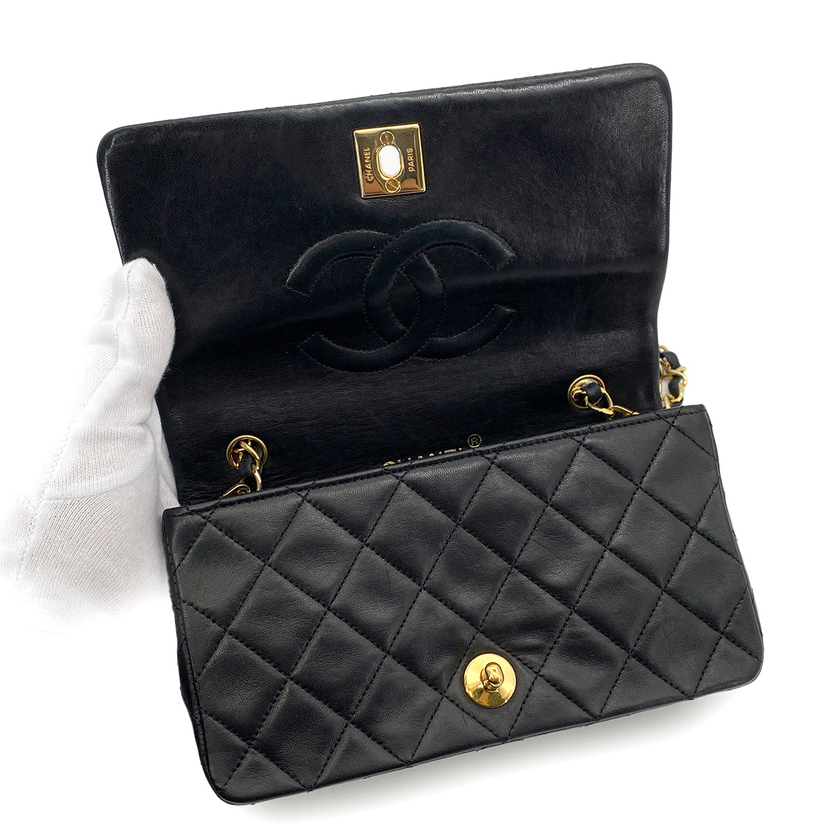 CHANEL VINTAGE MINI FULL FLAP CHAIN SHOULDER BAG BLACK LAMB SKIN 90255686