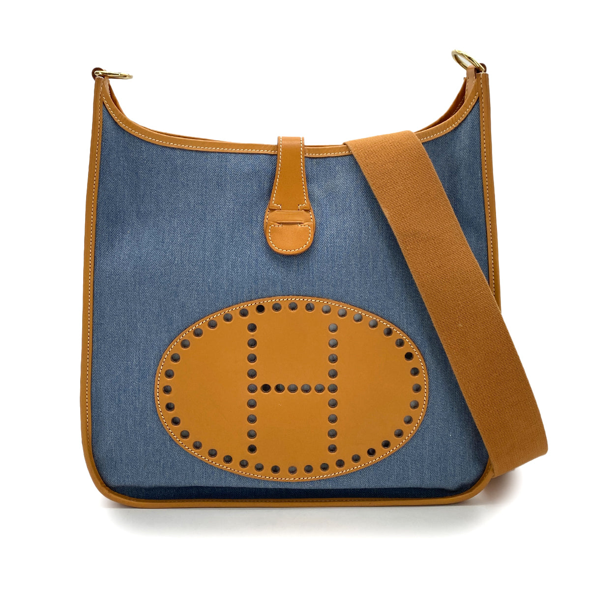 HERMES EVELYNE GM BLUE NATURAL TOILE JEAN SHOULDER BAG □A 90255690