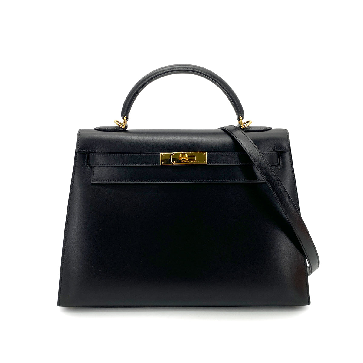 HERMES KELLY 32 SELLIER BLACK BOX CALF HAND SHOULDER BAG □F GHW 90255711