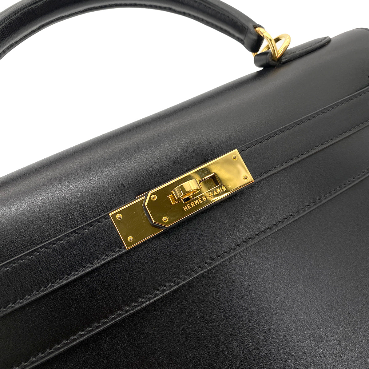 HERMES KELLY 32 SELLIER BLACK BOX CALF HAND SHOULDER BAG □F GHW 90255711