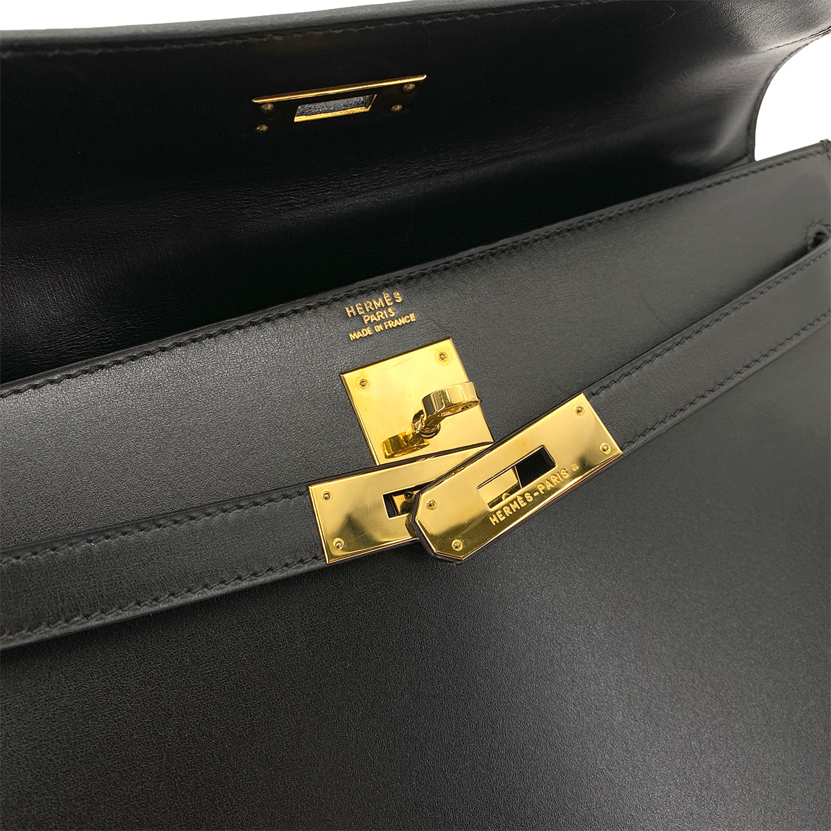 HERMES KELLY 32 SELLIER BLACK BOX CALF HAND SHOULDER BAG □F GHW 90255711