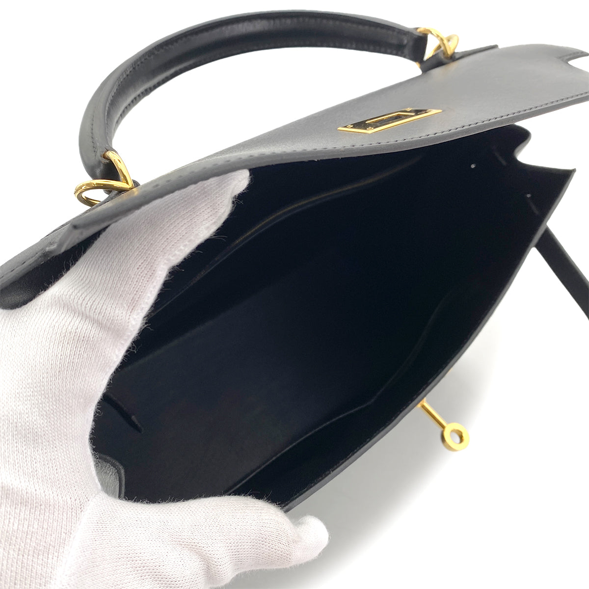 HERMES KELLY 32 SELLIER BLACK BOX CALF HAND SHOULDER BAG □F GHW 90255711