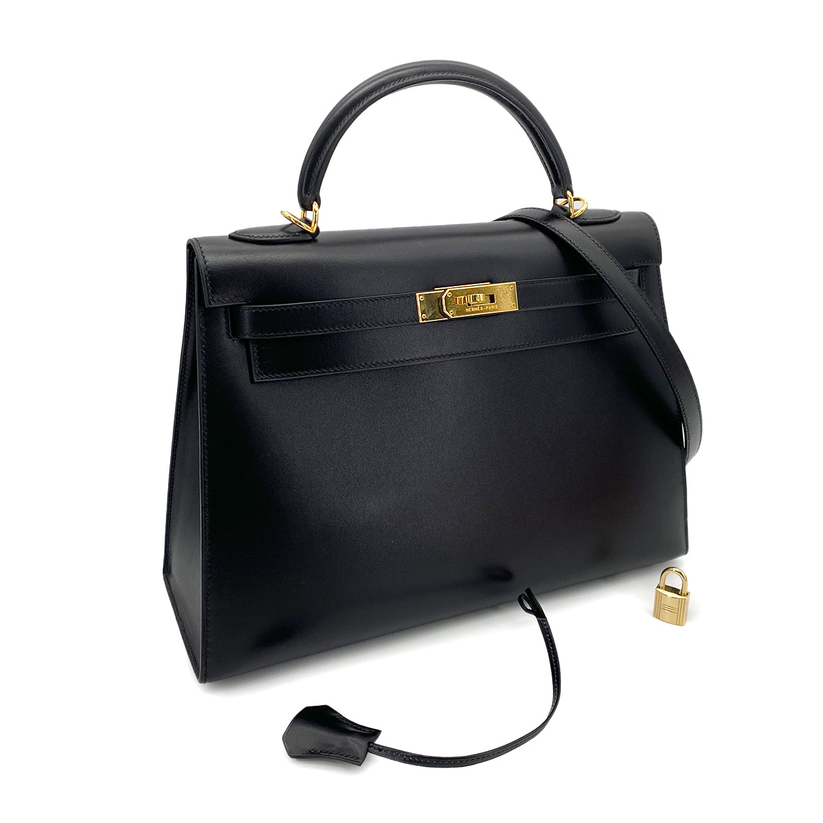 HERMES KELLY 32 SELLIER BLACK BOX CALF HAND SHOULDER BAG □F GHW 90255711