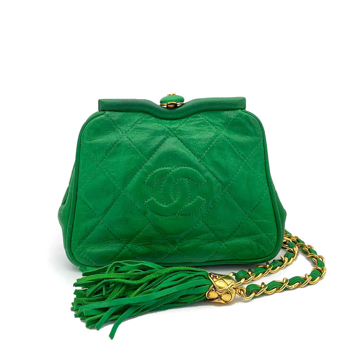 CHANEL VINTAGE MINI FRINGE CHAIN WAIST BAG GREEN LAMB SKIN 90257275